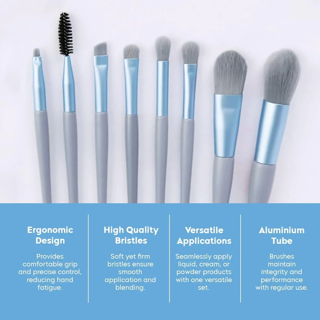 ست براش آرایشی 8 تکه Gleva با کیف، براش های آرایشی ممتاز کابوکی مصنوعی برای کرم پودر، کانسیلر، سایه چشم، رژگونه حرفه ای، پودر صورت، هایلایتر، کانتور، ترکیب خط چشم (آبی)