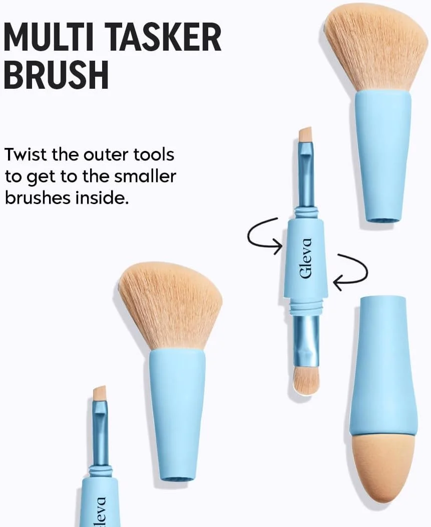 براش آرایشی چندکاره 4 در 1 Gleva، ست براش آرایشی مسافرتی جداشدنی، اسفنج آرایشی همه کاره، براش سایه چشم، ابرو، خط چشم، رژگونه و براش ترکیب کننده برای کرم پودر، کانسیلر و پودر (آبی)