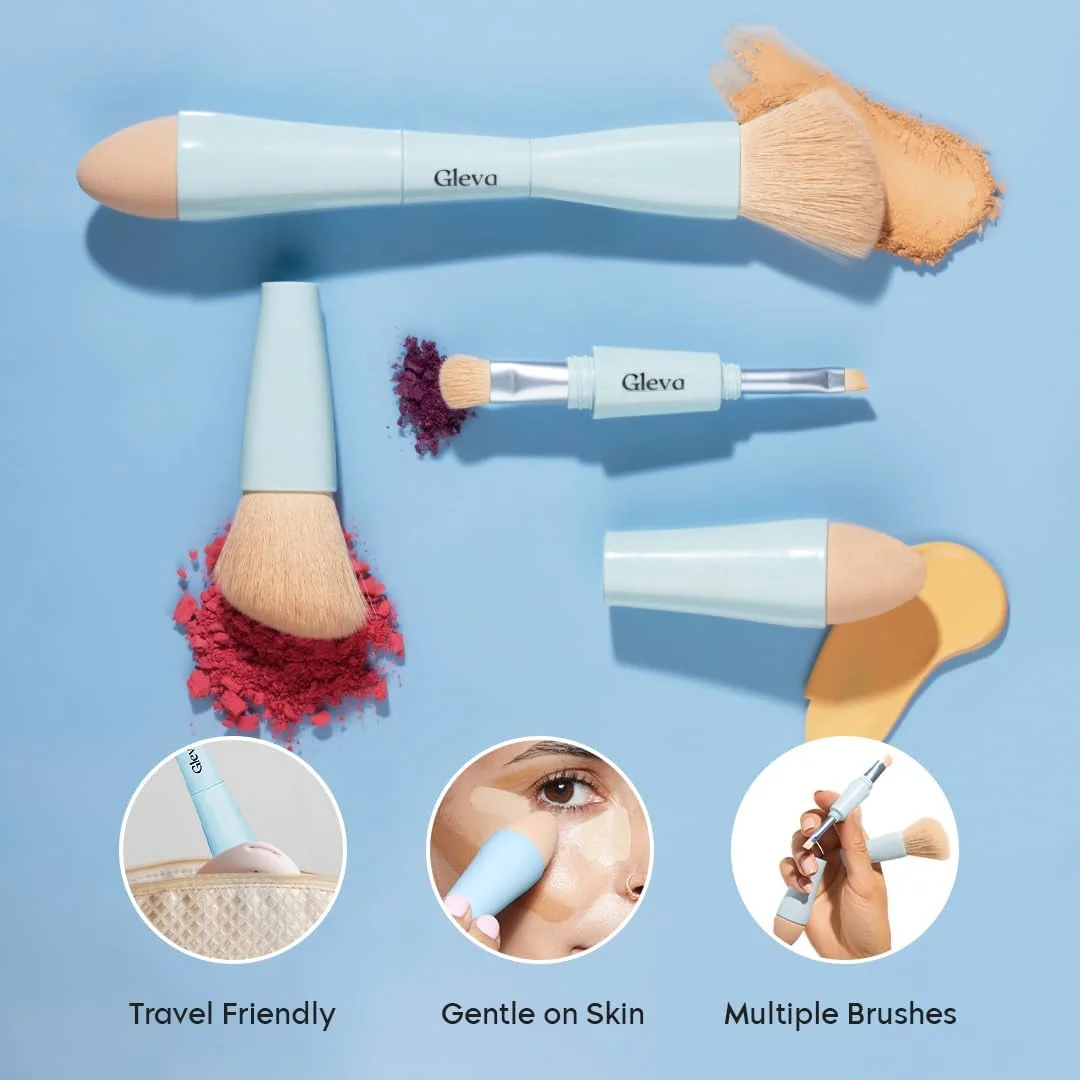 براش آرایشی چندکاره 4 در 1 Gleva، ست براش آرایشی مسافرتی جداشدنی، اسفنج آرایشی همه کاره، براش سایه چشم، ابرو، خط چشم، رژگونه و براش ترکیب کننده برای کرم پودر، کانسیلر و پودر (آبی)