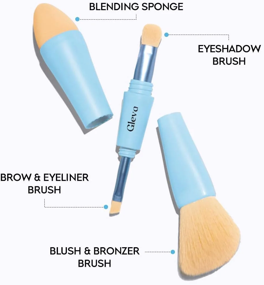 براش آرایشی چندکاره 4 در 1 Gleva، ست براش آرایشی مسافرتی جداشدنی، اسفنج آرایشی همه کاره، براش سایه چشم، ابرو، خط چشم، رژگونه و براش ترکیب کننده برای کرم پودر، کانسیلر و پودر (آبی)