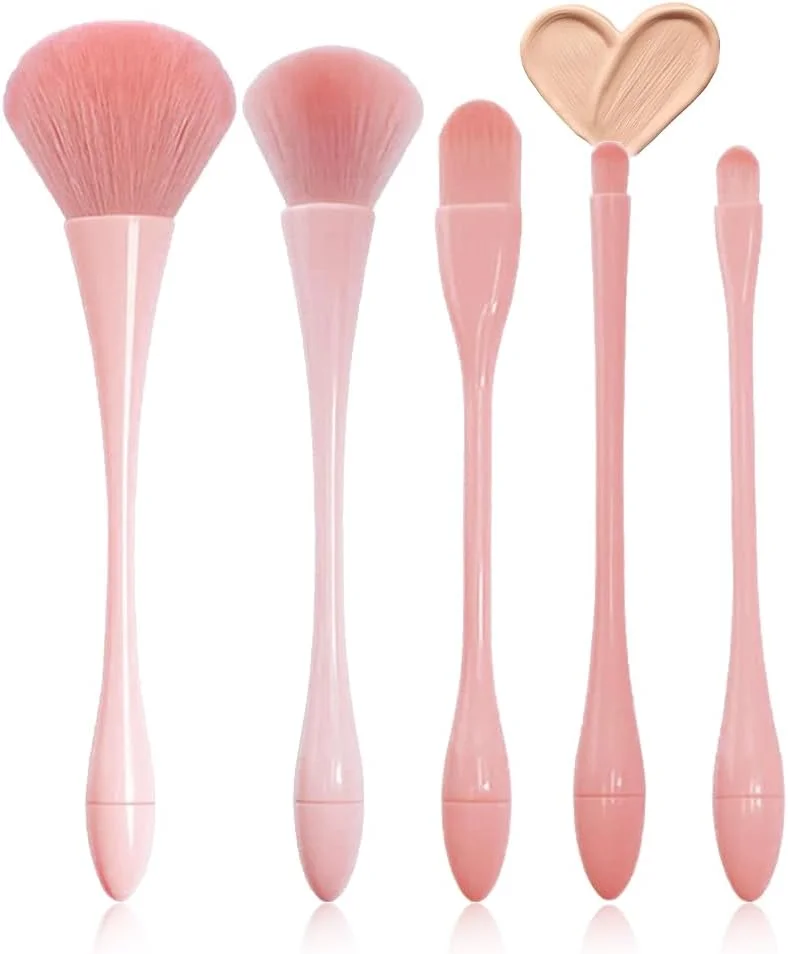 ست برس آرایشی مسافرتی 5 تکه Gleva، برس مو نرم برای پودر فیکس، رژگونه، کرم پودر، کانتور بینی، هایلایتر، ابرو و سایه چشم برای زنان و دختران (صورتی)