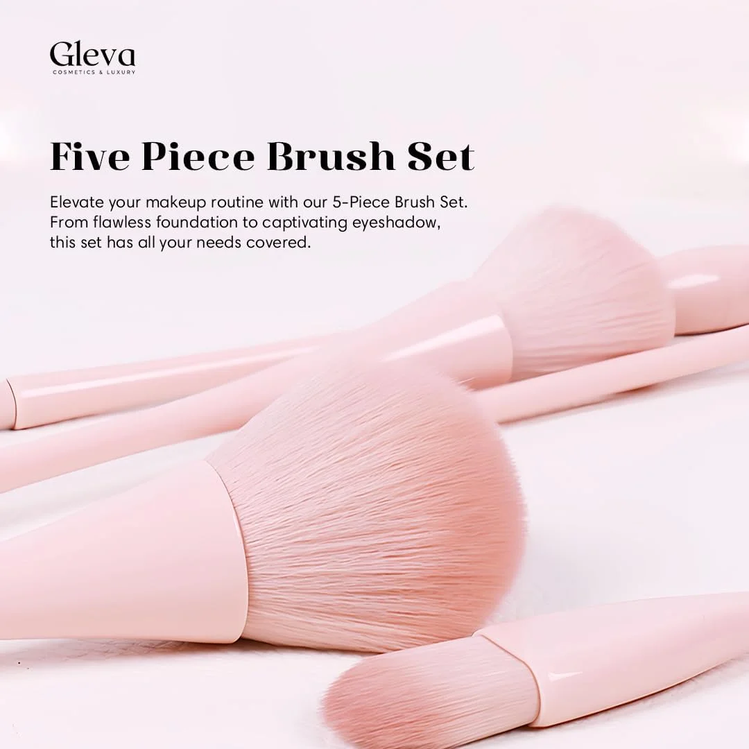 ست برس آرایشی مسافرتی 5 تکه Gleva، برس مو نرم برای پودر فیکس، رژگونه، کرم پودر، کانتور بینی، هایلایتر، ابرو و سایه چشم برای زنان و دختران (صورتی)