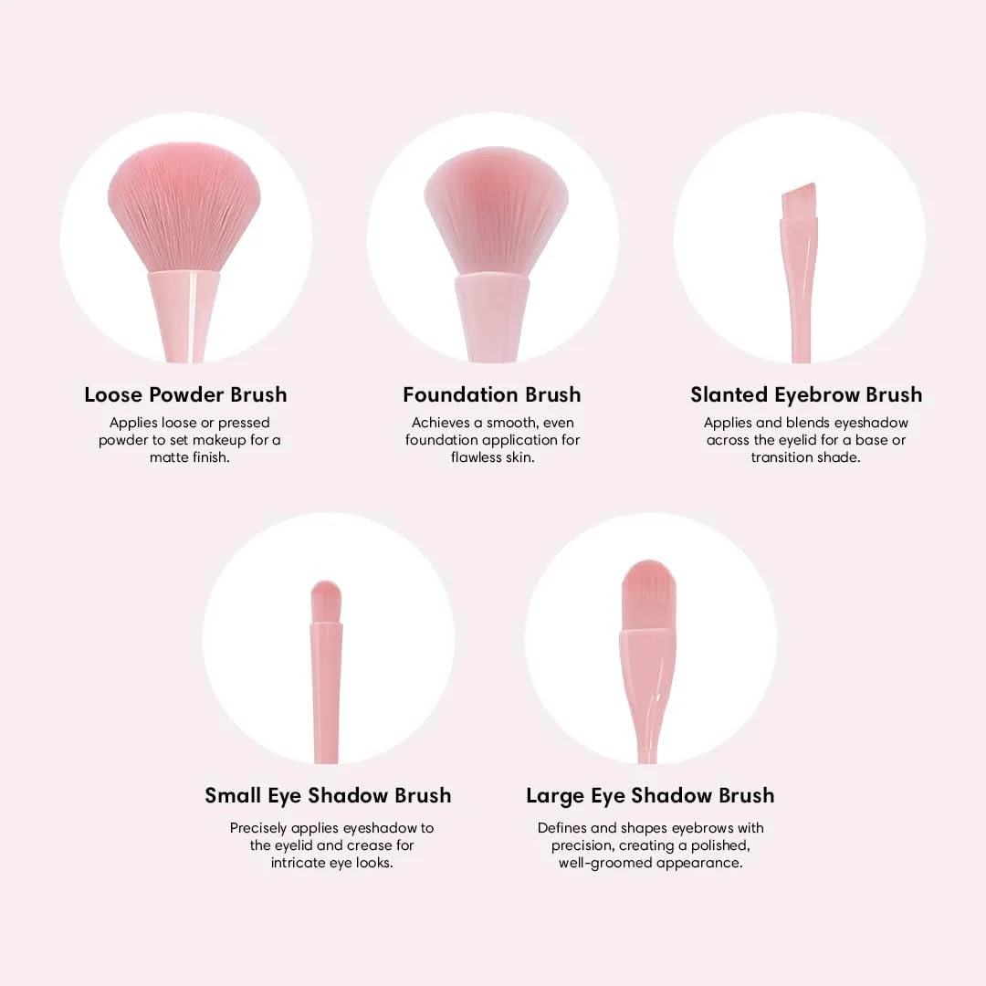 ست برس آرایشی مسافرتی 5 تکه Gleva، برس مو نرم برای پودر فیکس، رژگونه، کرم پودر، کانتور بینی، هایلایتر، ابرو و سایه چشم برای زنان و دختران (صورتی)