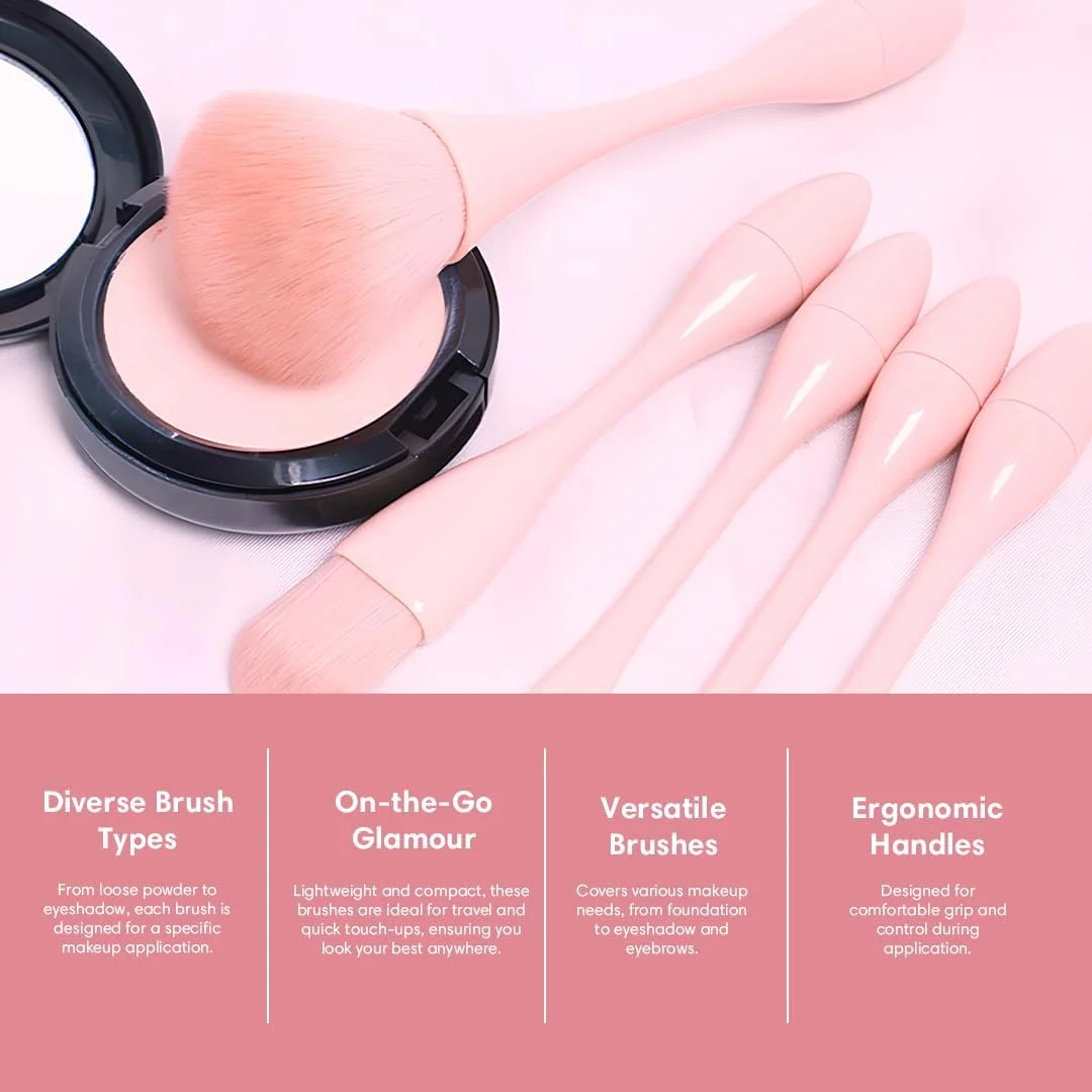 ست برس آرایشی مسافرتی 5 تکه Gleva، برس مو نرم برای پودر فیکس، رژگونه، کرم پودر، کانتور بینی، هایلایتر، ابرو و سایه چشم برای زنان و دختران (صورتی)