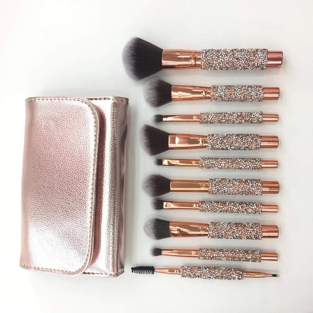 ست برس آرایشی گلامور بیوتی 10 تکه با کیف، جدیدترین مدل نگین دار الماس برای آرایش صورت و چشم، برس های حرفه ای آرایش فونداسیون، کانسیلر، سایه چشم، چند رنگ، رزگلد
