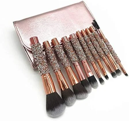 ست برس آرایشی گلامور بیوتی 10 تکه با کیف، جدیدترین مدل نگین دار الماس برای آرایش صورت و چشم، برس های حرفه ای آرایش فونداسیون، کانسیلر، سایه چشم، چند رنگ، رزگلد