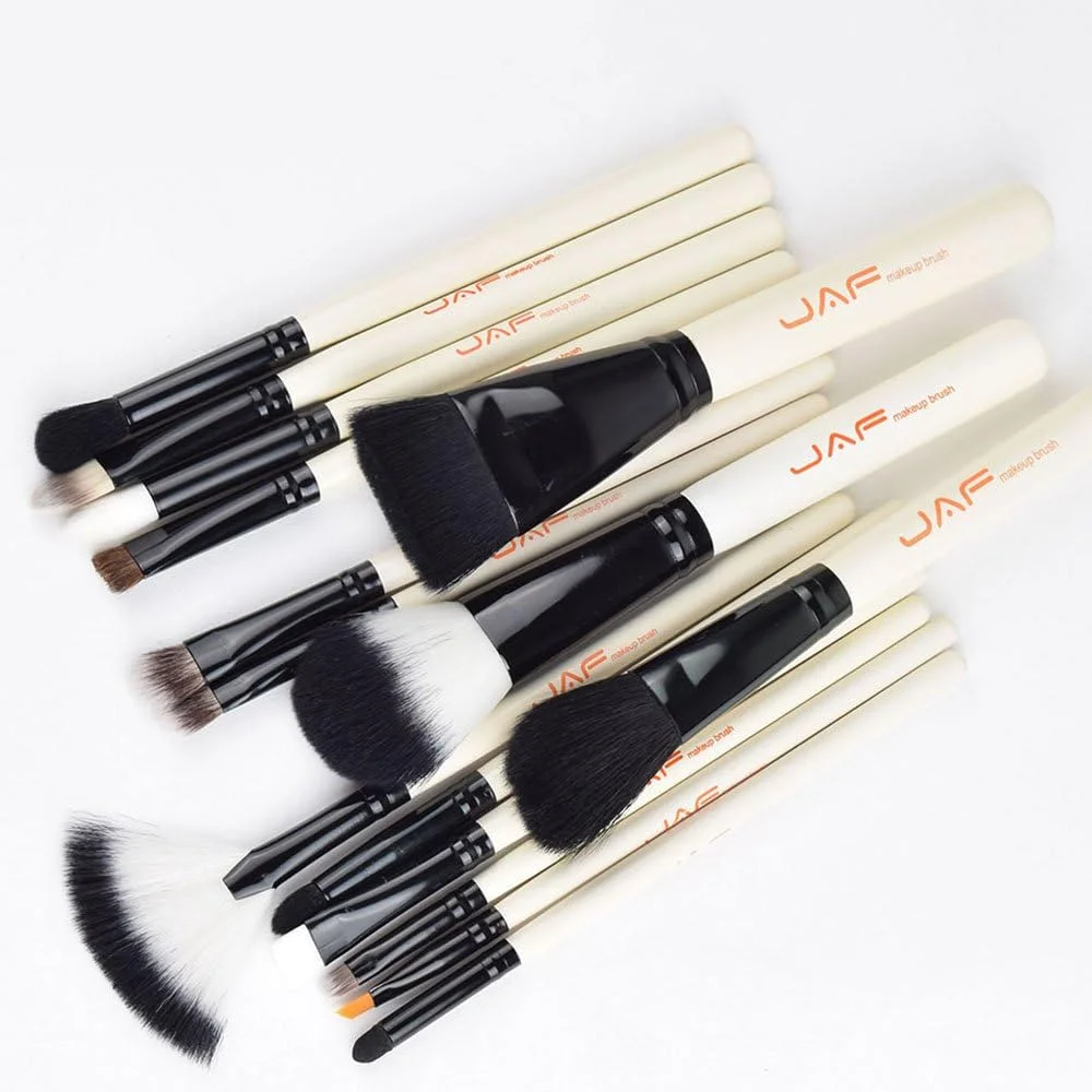 ست برس آرایشی GDJbnyu، 15 تکه، موی مصنوعی حرفه ای برای چشم، خط چشم، سایه چشم، ابرو، صورت، کرم پودر، مایع، ترکیب، دسته های چوبی ممتاز، برس های آرایشی با کیف
