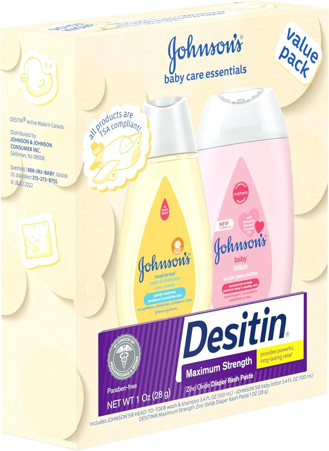 مجموعه هدیه لوازم ضروری مراقبت از کودک جانسون، مجموعه مراقبت از پوست کودک با شامپو و شستشوی بدن، لوسیون بدن و پماد سوختگی پوشک اکسید روی برای پوست لطیف کودک، بسته با ارزش، اندازه مسافرتی، 3 عدد
