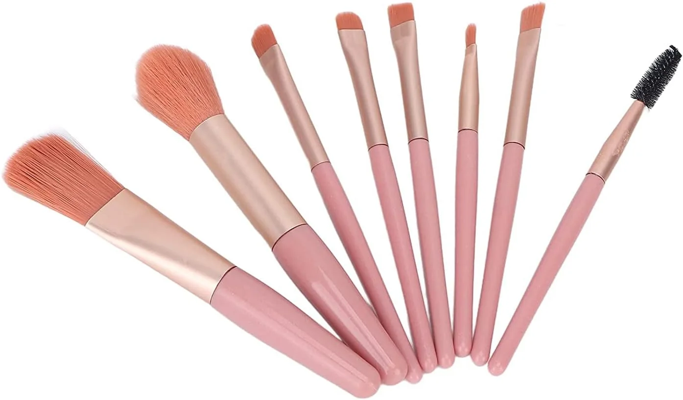 ست برس آرایشی 8 عددی GBEX، برس مینی ممتاز مصنوعی برای کرم پودر، رژگونه، ترکیب، سایه چشم، ابرو، مژه، سایه بینی و لب (چند رنگ) (بسته 1 عددی)