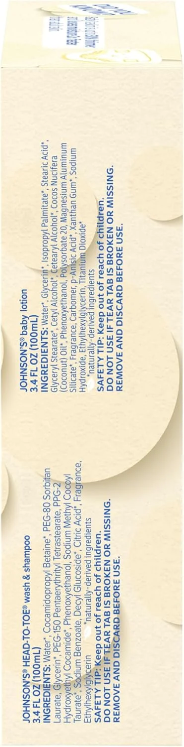 مجموعه هدیه لوازم ضروری مراقبت از کودک جانسون، مجموعه مراقبت از پوست کودک با شامپو و شستشوی بدن، لوسیون بدن و پماد سوختگی پوشک اکسید روی برای پوست لطیف کودک، بسته با ارزش، اندازه مسافرتی، 3 عدد