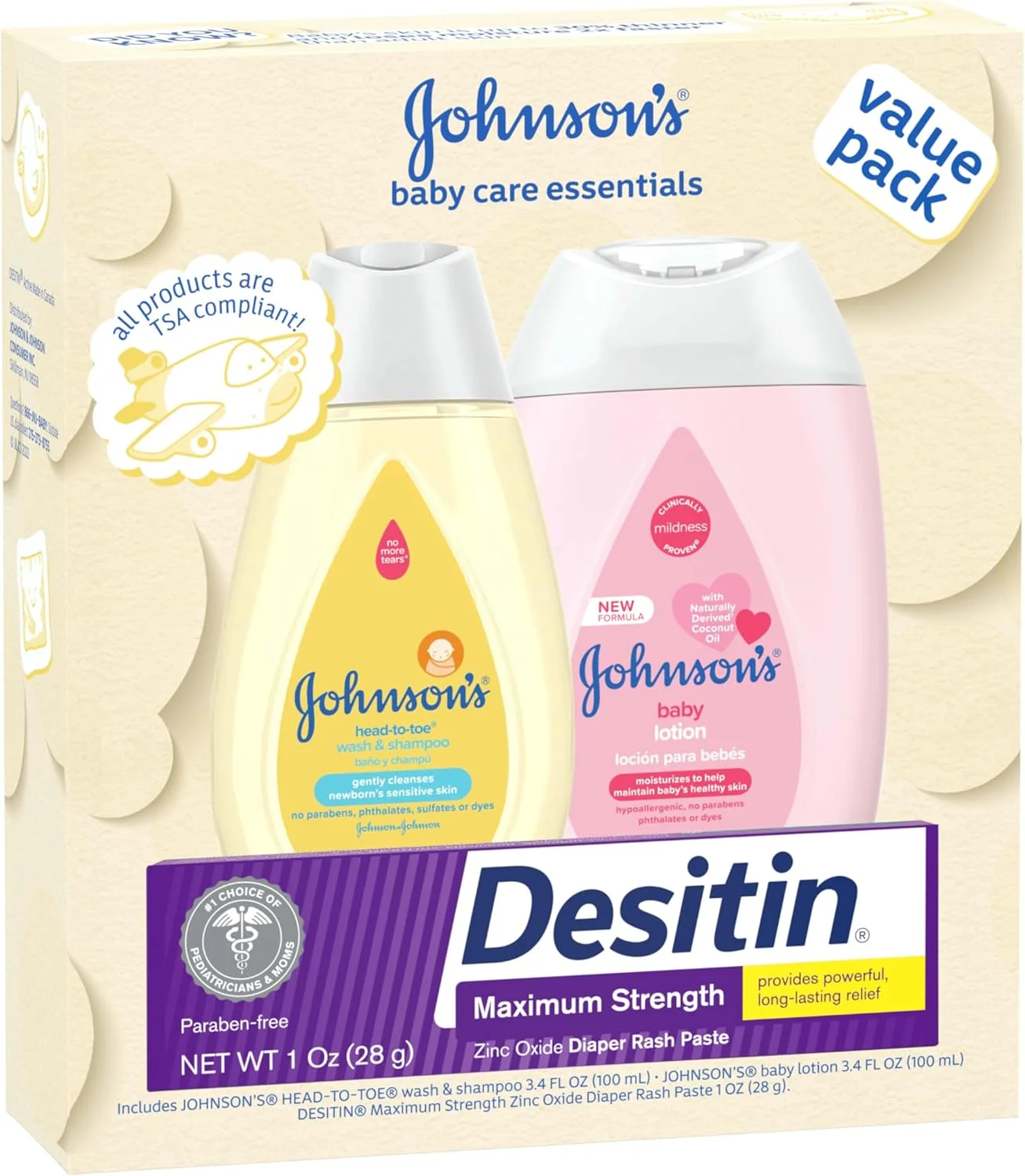 مجموعه هدیه لوازم ضروری مراقبت از کودک جانسون، مجموعه مراقبت از پوست کودک با شامپو و شستشوی بدن، لوسیون بدن و پماد سوختگی پوشک اکسید روی برای پوست لطیف کودک، بسته با ارزش، اندازه مسافرتی، 3 عدد