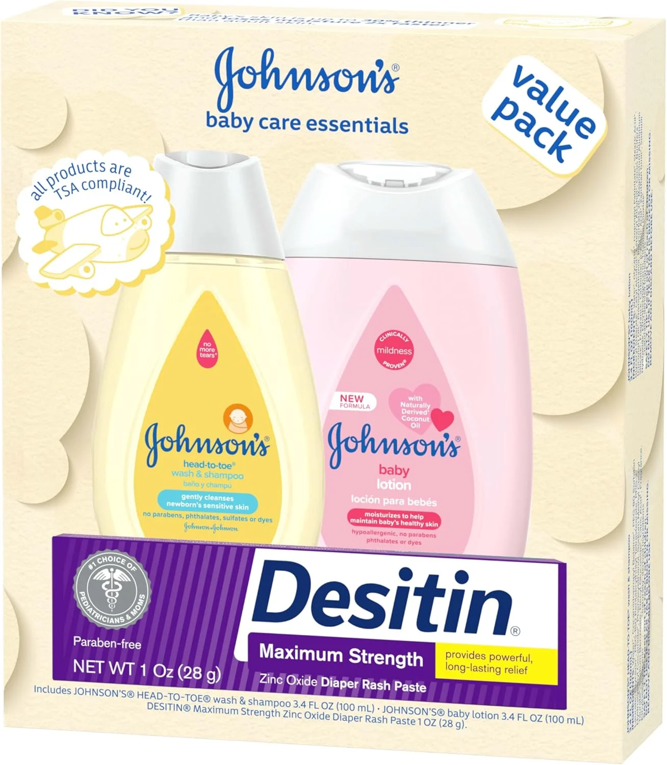 مجموعه هدیه لوازم ضروری مراقبت از کودک جانسون، مجموعه مراقبت از پوست کودک با شامپو و شستشوی بدن، لوسیون بدن و پماد سوختگی پوشک اکسید روی برای پوست لطیف کودک، بسته با ارزش، اندازه مسافرتی، 3 عدد
