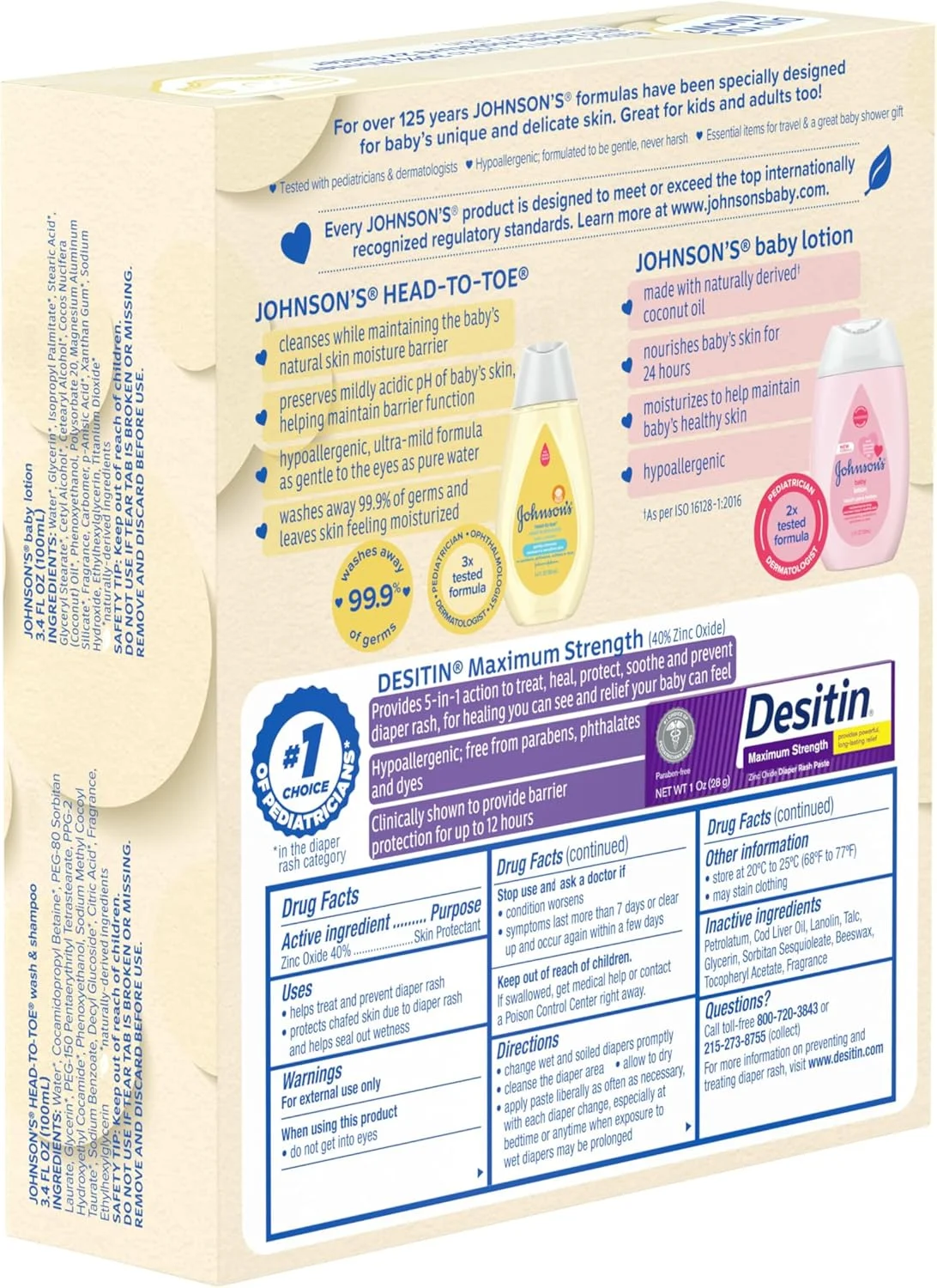 مجموعه هدیه لوازم ضروری مراقبت از کودک جانسون، مجموعه مراقبت از پوست کودک با شامپو و شستشوی بدن، لوسیون بدن و پماد سوختگی پوشک اکسید روی برای پوست لطیف کودک، بسته با ارزش، اندازه مسافرتی، 3 عدد