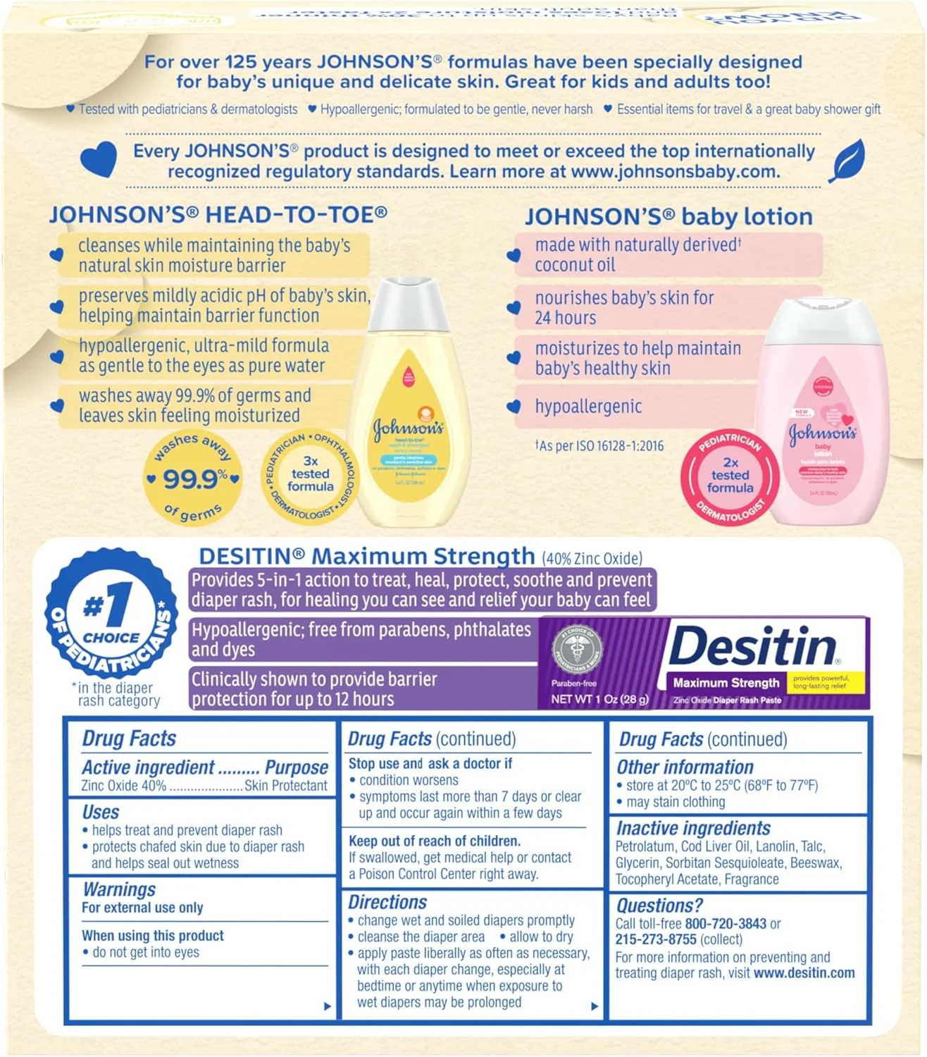 مجموعه هدیه لوازم ضروری مراقبت از کودک جانسون، مجموعه مراقبت از پوست کودک با شامپو و شستشوی بدن، لوسیون بدن و پماد سوختگی پوشک اکسید روی برای پوست لطیف کودک، بسته با ارزش، اندازه مسافرتی، 3 عدد