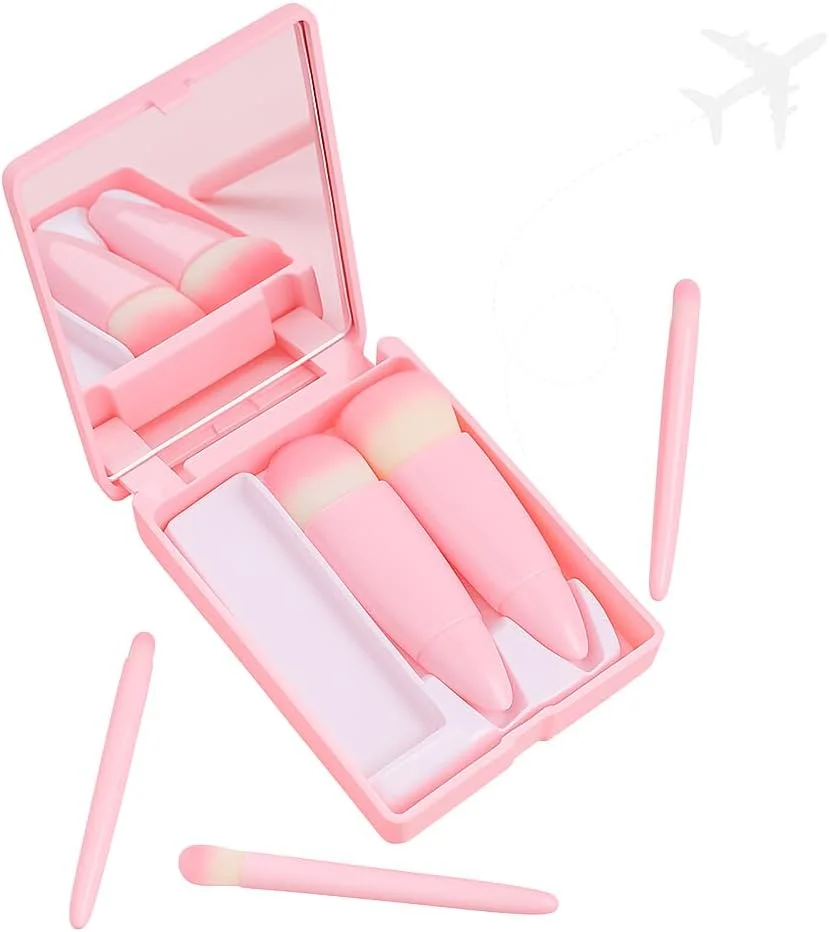 ست براش آرایشی مینی فوزی بیوتی - 5 براش مسافرتی برای صورت، چشم ها، ابروها و رژگونه - موهای نرم، کیف صورتی جمع و جور - برای ماسک صورت و پودر فیکس