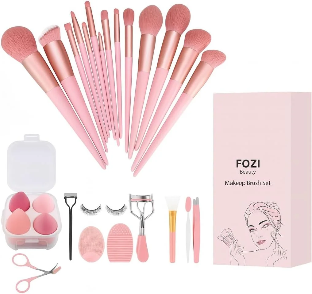 ست برس آرایشی حرفه ای 28 تکه FOZI Beauty با مژه مصنوعی - برس های کرم پودر، سایه چشم، رژگونه و کانتور - موهای نرم - کیت هدیه کامل صورتی برای ظاهری شبیه سالن در خانه