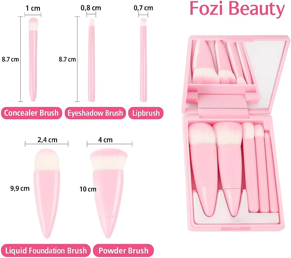 ست براش آرایشی مینی فوزی بیوتی - 5 براش مسافرتی برای صورت، چشم ها، ابروها و رژگونه - موهای نرم، کیف صورتی جمع و جور - برای ماسک صورت و پودر فیکس
