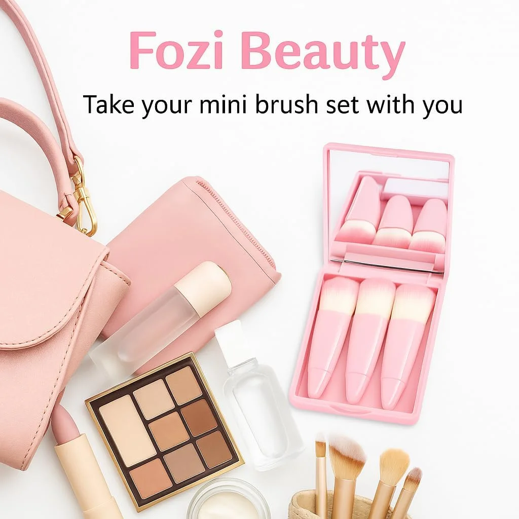 ست براش آرایشی مینی فوزی بیوتی - 5 براش مسافرتی برای صورت، چشم ها، ابروها و رژگونه - موهای نرم، کیف صورتی جمع و جور - برای ماسک صورت و پودر فیکس