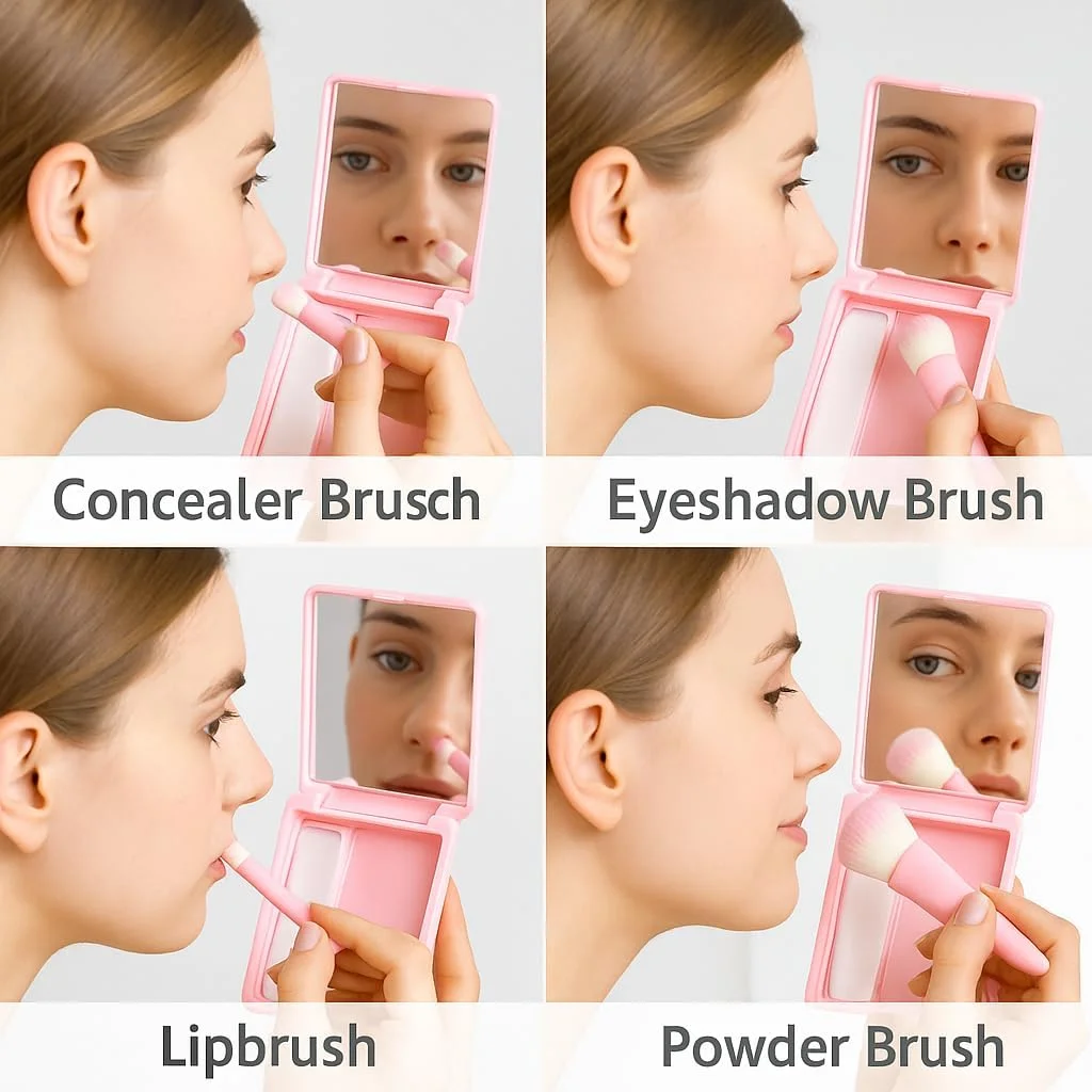 ست براش آرایشی مینی فوزی بیوتی - 5 براش مسافرتی برای صورت، چشم ها، ابروها و رژگونه - موهای نرم، کیف صورتی جمع و جور - برای ماسک صورت و پودر فیکس