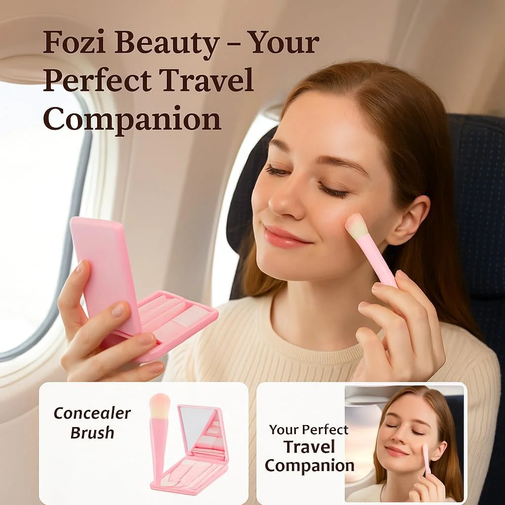 ست براش آرایشی مینی فوزی بیوتی - 5 براش مسافرتی برای صورت، چشم ها، ابروها و رژگونه - موهای نرم، کیف صورتی جمع و جور - برای ماسک صورت و پودر فیکس