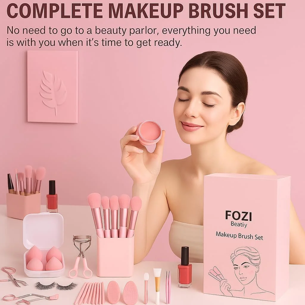 ست برس آرایشی حرفه ای 28 تکه FOZI Beauty با مژه مصنوعی - برس های کرم پودر، سایه چشم، رژگونه و کانتور - موهای نرم - کیت هدیه کامل صورتی برای ظاهری شبیه سالن در خانه