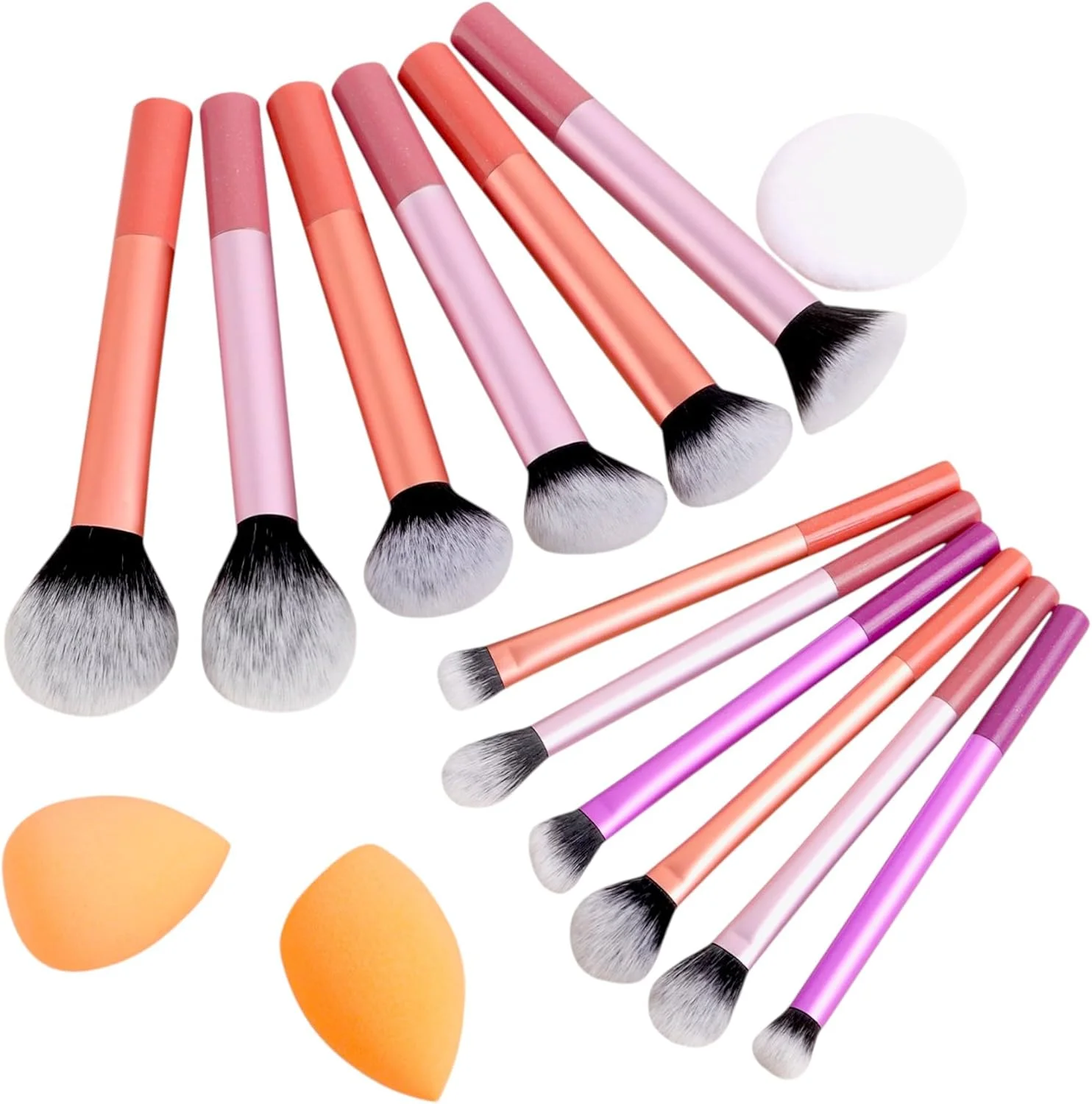 ست 12 برس آرایشی پایه بی نقص، 2 اسفنج و پد پودر، برای کرم پودر، کرم، مایع، پودر، لوازم آرایشی - برس های با کیفیت. (رزگلد و صورتی)