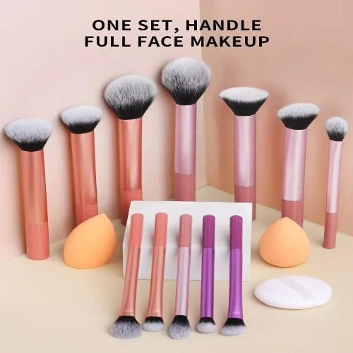 ست 12 برس آرایشی پایه بی نقص، 2 اسفنج و پد پودر، برای کرم پودر، کرم، مایع، پودر، لوازم آرایشی - برس های با کیفیت. (رزگلد و صورتی)