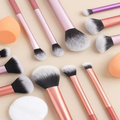 ست 12 برس آرایشی پایه بی نقص، 2 اسفنج و پد پودر، برای کرم پودر، کرم، مایع، پودر، لوازم آرایشی - برس های با کیفیت. (رزگلد و صورتی)