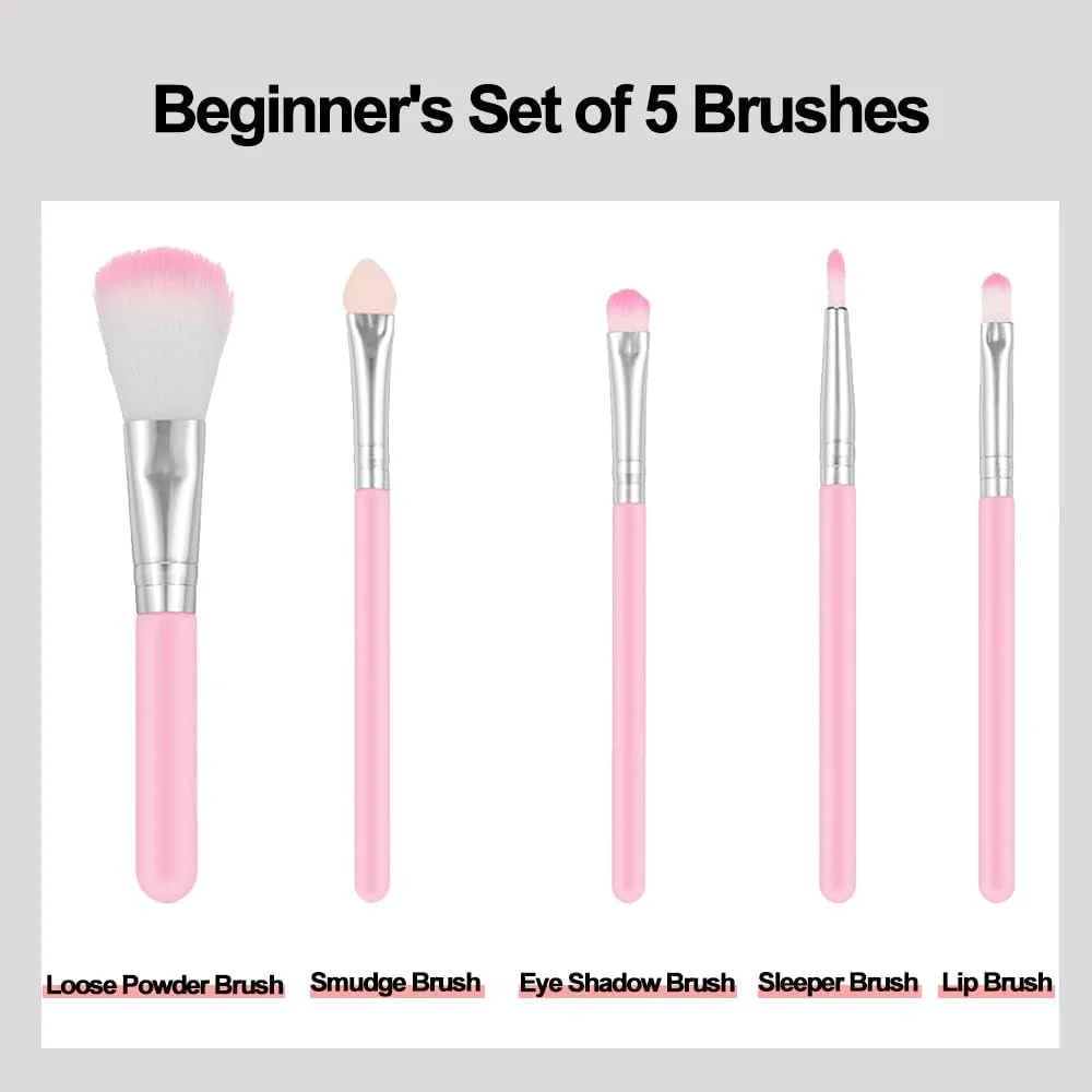 ست براش آرایشی پنج تکه، سایه چشم، رنگ هاله، کرم ابریشم خوابیده، براش لب، مناسب برای آرایش صورت، چشم و لب، مناسب برای حمل 5 عدد (صورتی)