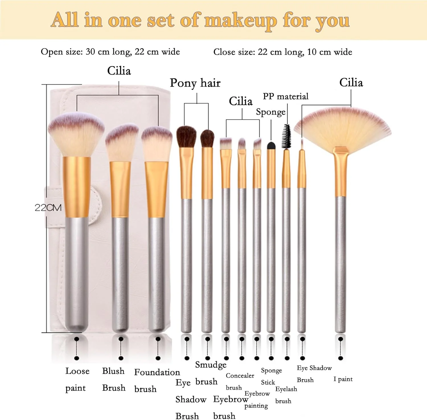 ست برس آرایشی 12 تکه حرفه ای FECOVANTI، برس های آرایشی برای پودر نرم، برس های رژگونه و کرم پودر به همراه کیف آرایشی