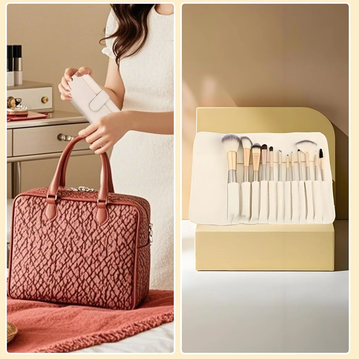 ست برس آرایشی 12 تکه حرفه ای FECOVANTI، برس های آرایشی برای پودر نرم، برس های رژگونه و کرم پودر به همراه کیف آرایشی