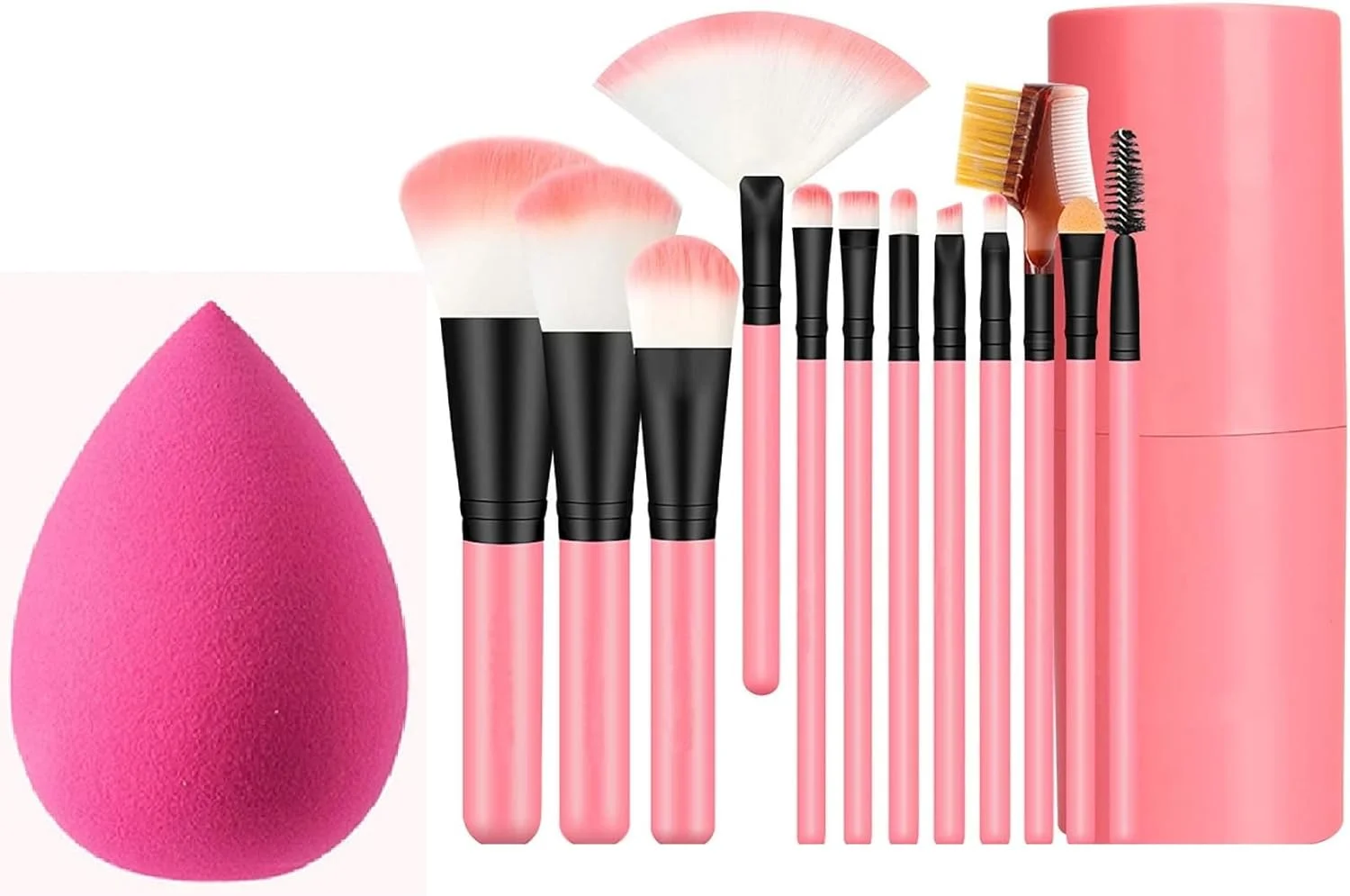 ست براش آرایشی قابل حمل Facejewel 12 عددی - کیت همه کاره با جعبه نگهداری مسافرتی و 1 عدد بلندر آرایشی - براش صورت، چشم، هایلایتر، کانسیلر، ترکیب، پودر، براش آرایشی صورتی چشم