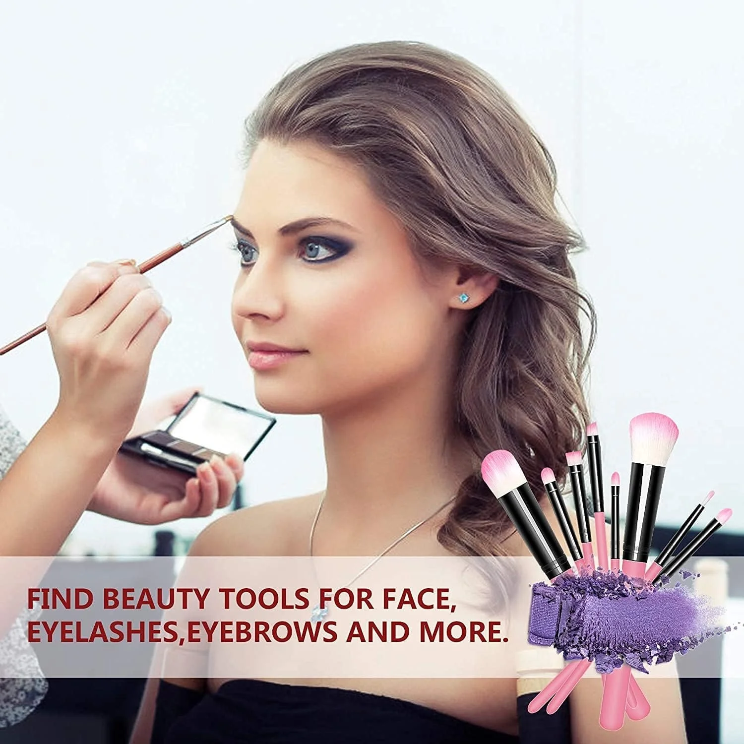 ست براش آرایشی قابل حمل Facejewel 12 عددی - کیت همه کاره با جعبه نگهداری مسافرتی و 1 عدد بلندر آرایشی - براش صورت، چشم، هایلایتر، کانسیلر، ترکیب، پودر، براش آرایشی صورتی چشم