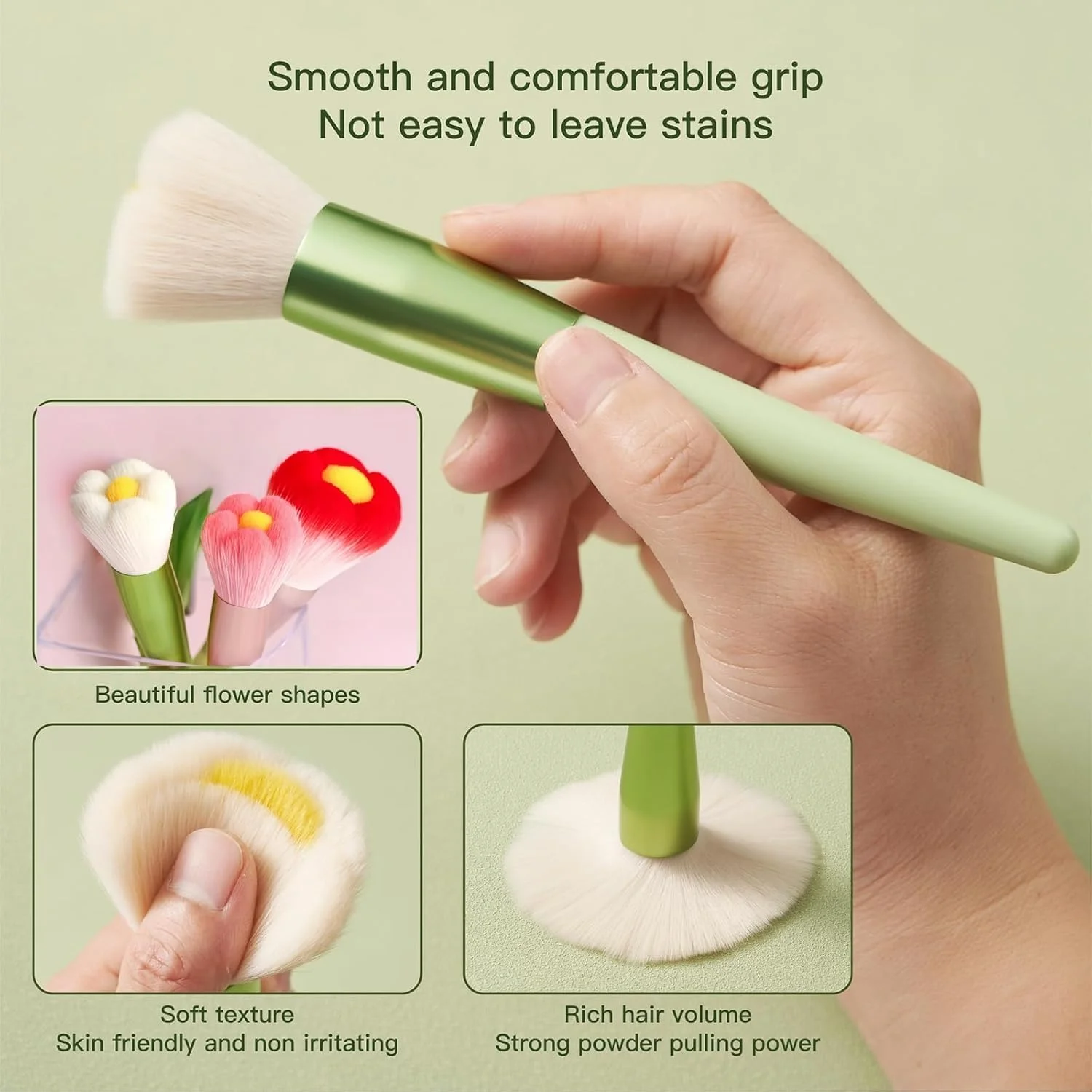 ست براش آرایشی فانتزی کیوت، 9 تکه براش آرایشی گل بابونه واقعی سبز رنگ شامل براش پودر، رژگونه، سایه چشم، ناخن و ضد آفتاب برای دختران و زنان