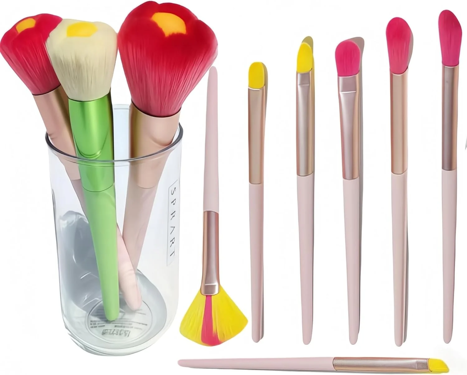 ست براش آرایشی فانتزی کیوت، 9 تکه براش آرایشی گل بابونه واقعی سبز رنگ شامل براش پودر، رژگونه، سایه چشم، ناخن و ضد آفتاب برای دختران و زنان