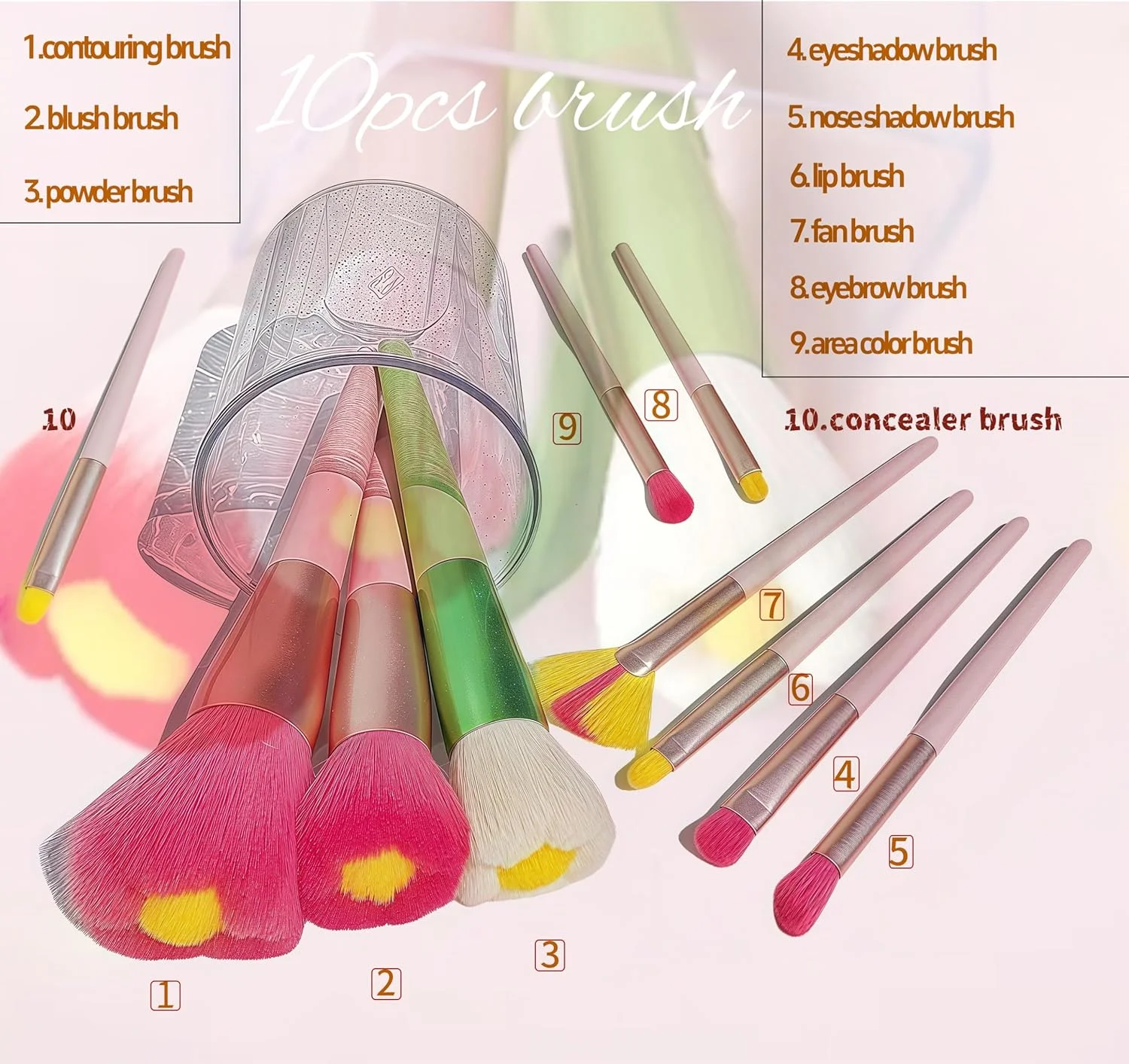 ست براش آرایشی فانتزی کیوت، 9 تکه براش آرایشی گل بابونه واقعی سبز رنگ شامل براش پودر، رژگونه، سایه چشم، ناخن و ضد آفتاب برای دختران و زنان