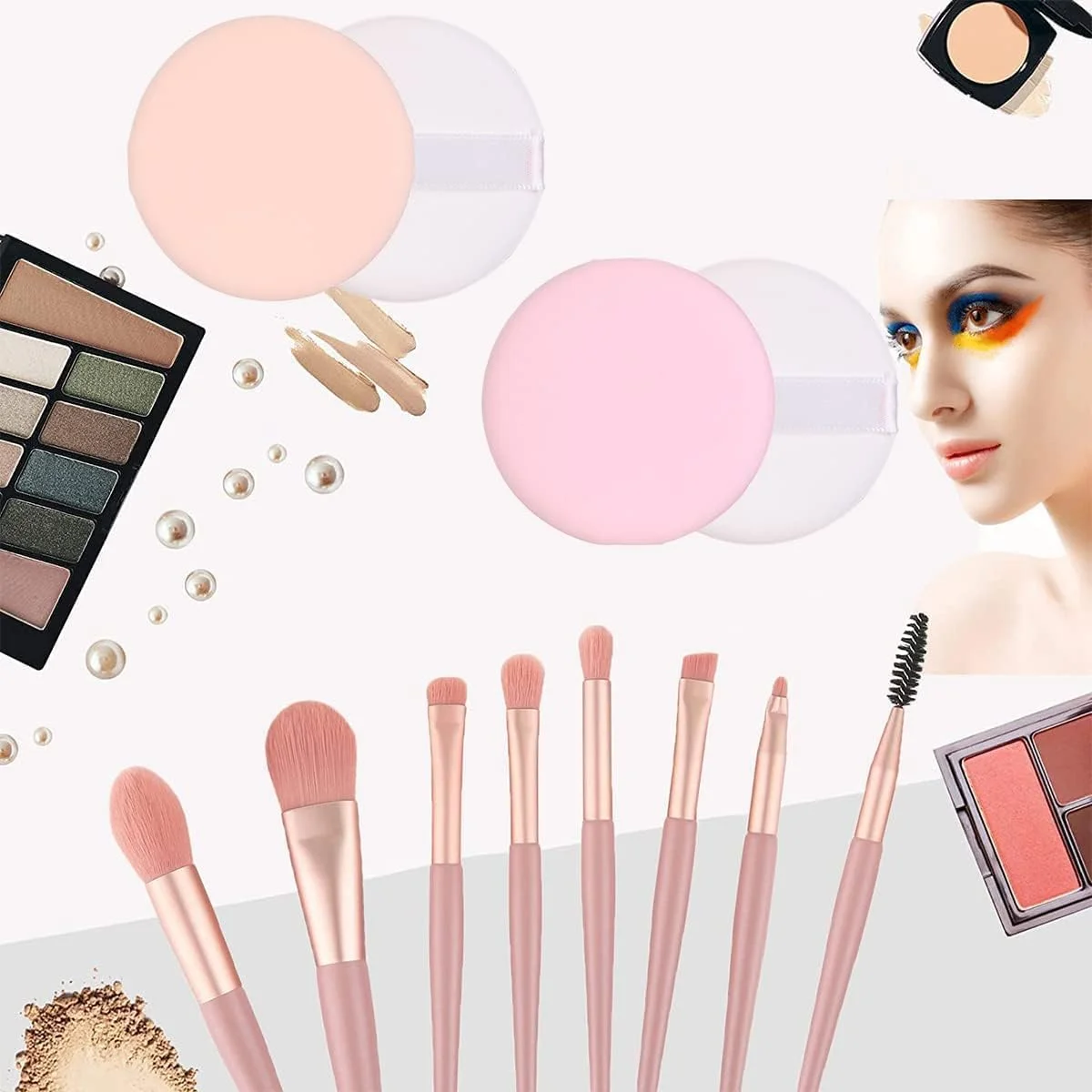 ست براش آرایشی صورت، ست براش آرایشی 5 تکه با 5 عدد اسفنج آرایشی کوچک برای دختران، براش های سایه چشم حرفه ای، براش های کرم، پودر، اپلیکاتور فونداسیون با موهای نرم و مصنوعی