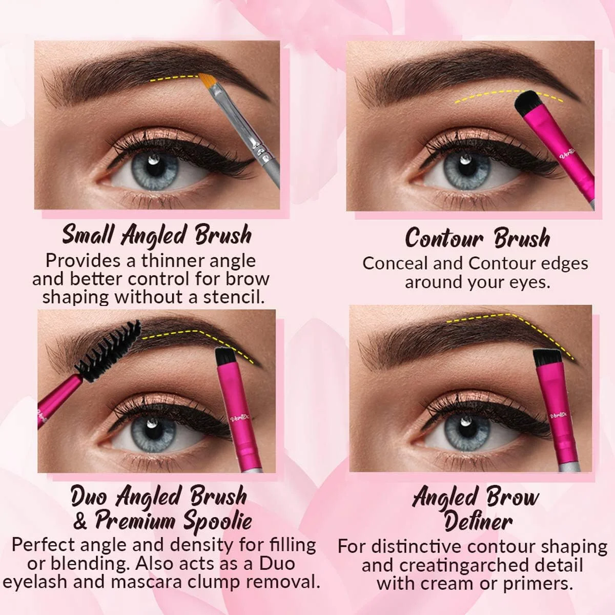 ست براش ابرو - براش های زاویه دار سفت و شانه محکم | براش های آرایشی زاویه دار برای پر کردن پماد | برس دوگانه برای ترکیب ژل | براش های کانسیلر متراکم کوچک برای مشخص کردن قوس ها و لبه های نازک