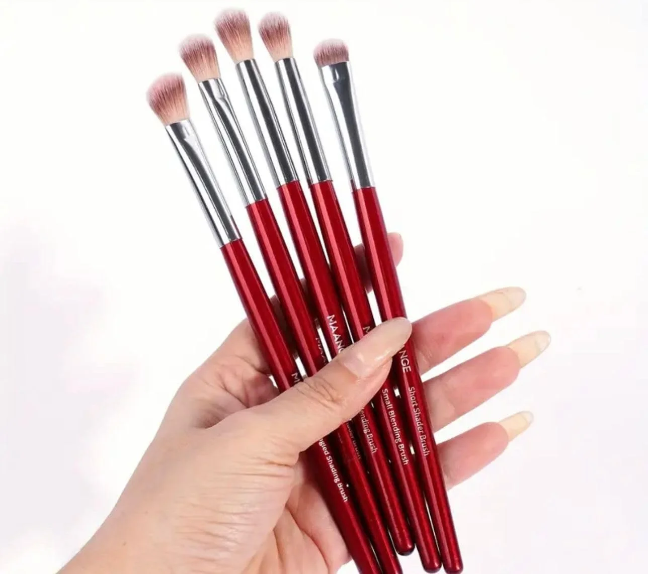 ست براش آرایش چشم، 5 تکه، موهای نایلونی، دسته چوبی، سایز مسافرتی