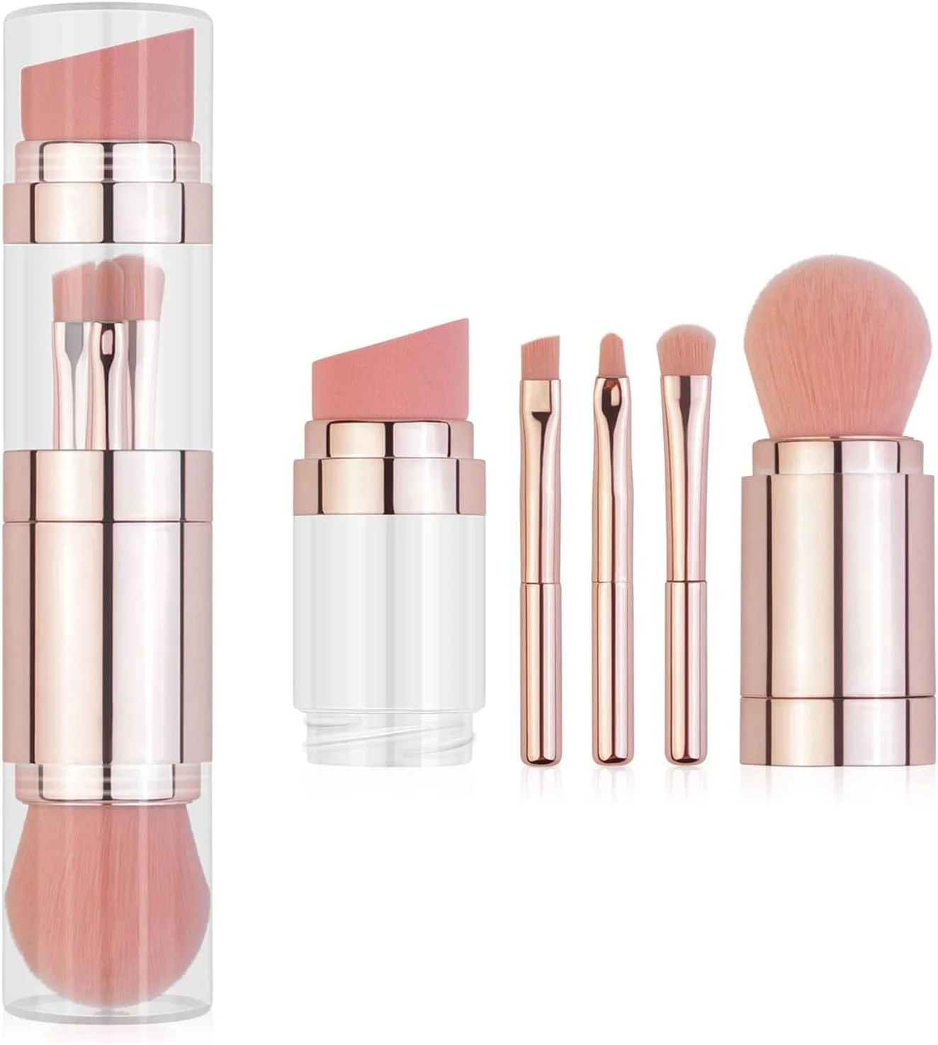 ست براش آرایشی اکسفور، 5 در 1 شامل براش سایه چشم، براش لب، براش صورت، براش کرم پودر، پد پودر مناسب برای آرایش روزانه بیرون رفتن (رزگلد)