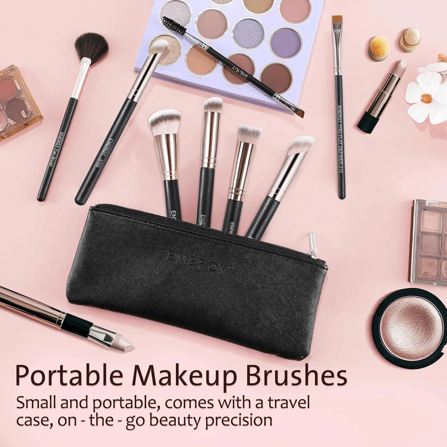 ست برس آرایشی ENERGY حرفه ای شامل برس کرم پودر، پودر، کانسیلر، کانتور بینی، سایه ابرو، خط چشم، برس تخت برای صورت، مناسب برای کرم مایع، پودر، ژل، ترکیب، پخش کردن، مشخص کردن به همراه کیف مسافرتی، 8 تکه