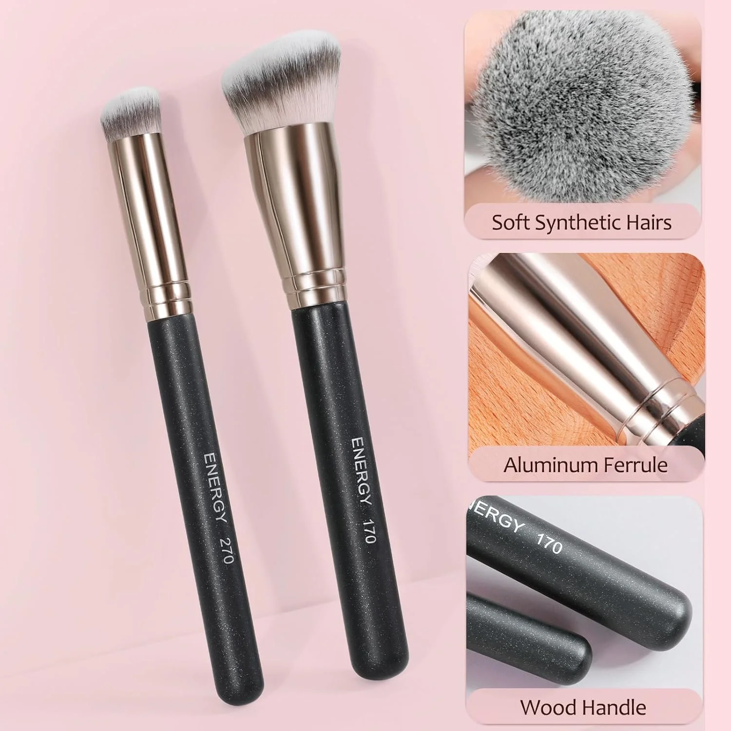 ست برس آرایشی ENERGY حرفه ای شامل برس کرم پودر، پودر، کانسیلر، کانتور بینی، سایه ابرو، خط چشم، برس تخت برای صورت، مناسب برای کرم مایع، پودر، ژل، ترکیب، پخش کردن، مشخص کردن به همراه کیف مسافرتی، 8 تکه