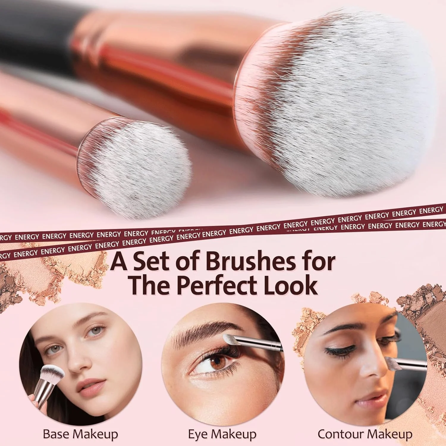 ست برس آرایشی ENERGY حرفه ای شامل برس کرم پودر، پودر، کانسیلر، کانتور بینی، سایه ابرو، خط چشم، برس تخت برای صورت، مناسب برای کرم مایع، پودر، ژل، ترکیب، پخش کردن، مشخص کردن به همراه کیف مسافرتی، 8 تکه