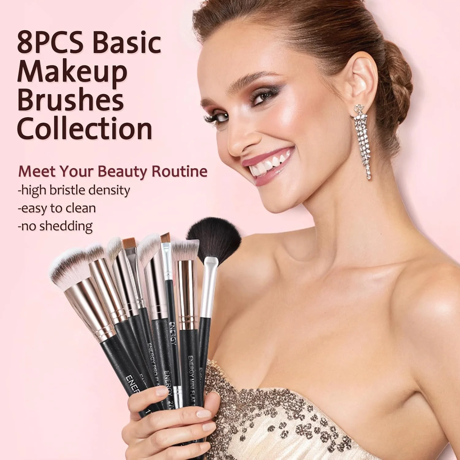 ست برس آرایشی ENERGY حرفه ای شامل برس کرم پودر، پودر، کانسیلر، کانتور بینی، سایه ابرو، خط چشم، برس تخت برای صورت، مناسب برای کرم مایع، پودر، ژل، ترکیب، پخش کردن، مشخص کردن به همراه کیف مسافرتی، 8 تکه