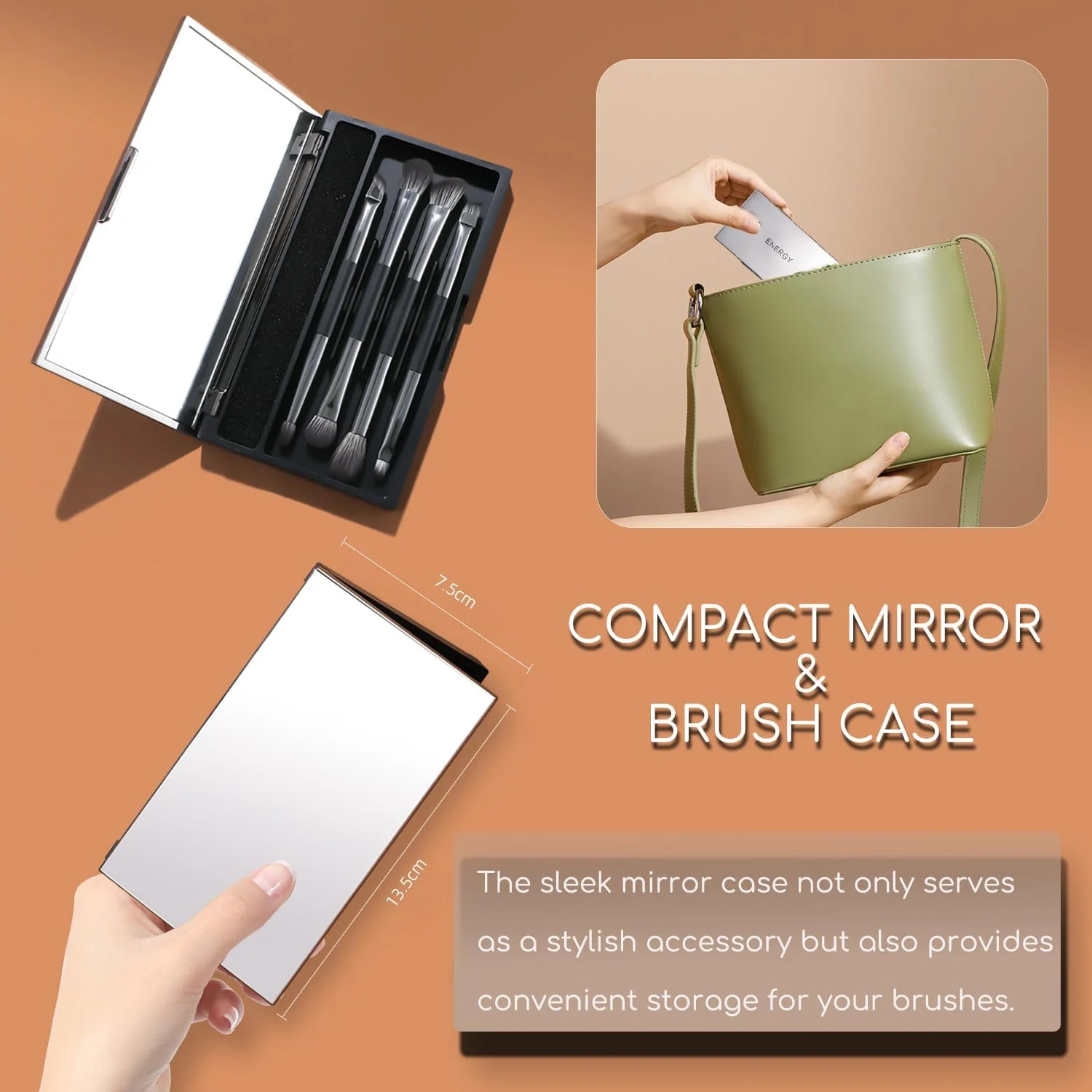 ست برس آرایشی چشم مسافرتی ENERGY، شامل برس سایه چشم، ترکیب کننده چشم، خط چشم، کانسیلر زیر چشم، برس ابرو، برس پخش کننده آرایش با کیف آینه دار قابل حمل و جمع و جور، برس های آرایشی دو طرفه 4 عددی