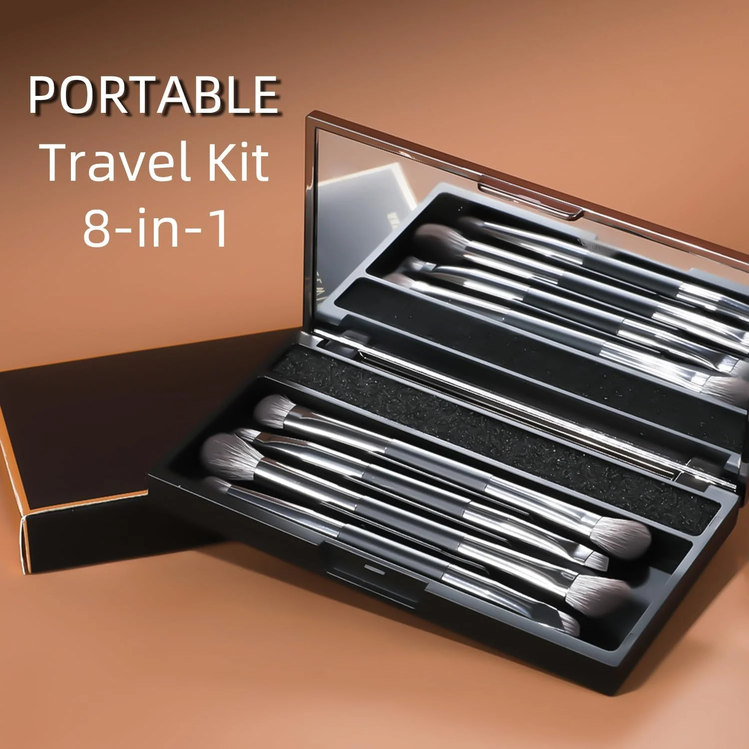 ست برس آرایشی چشم مسافرتی ENERGY، شامل برس سایه چشم، ترکیب کننده چشم، خط چشم، کانسیلر زیر چشم، برس ابرو، برس پخش کننده آرایش با کیف آینه دار قابل حمل و جمع و جور، برس های آرایشی دو طرفه 4 عددی