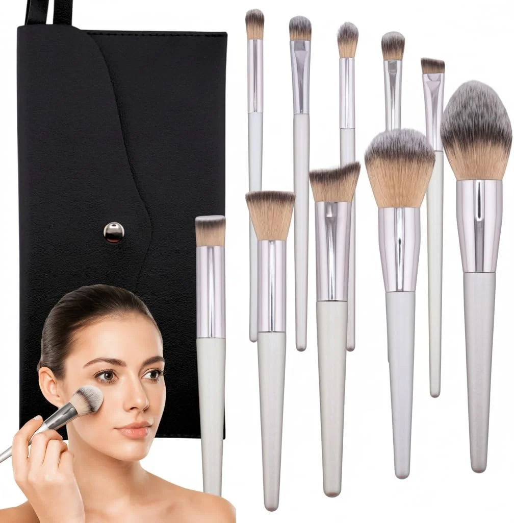 ست براش آرایشی شیک با کیف – ست 10 عددی براش آرایشی حرفه ای نقره ای براق برای کرم پودر، پودر، رژگونه، سایه چشم و کانسیلر – ست براش مسافرتی با کیف ست براش آرایشی شیک با کیف – ست 10 عددی براش آرایشی حرفه ای نقره ای براق برای کرم پودر، پودر، رژگونه، سایه چشم و کانسیلر – ست براش مسافرتی با کیف