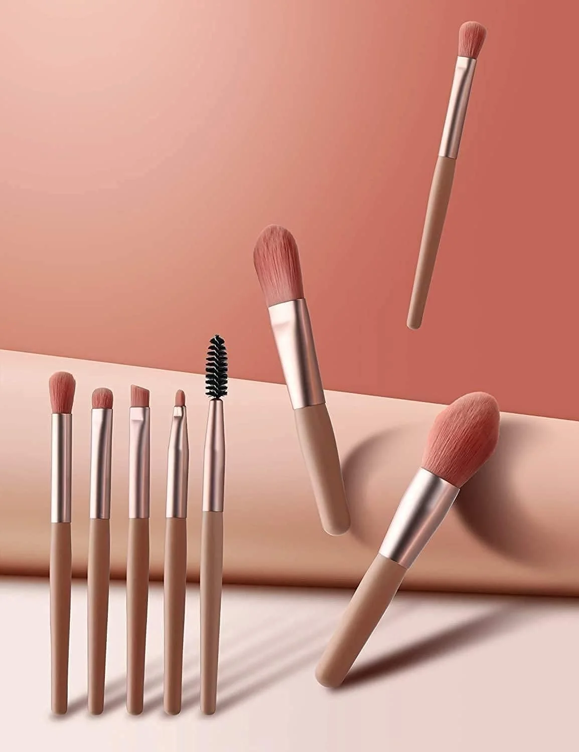 ست برس آرایشی الیت ویو با کیف، 8 تکه برس آرایشی حرفه ای، ست برس های آرایشی مسافرتی برای کرم پودر صورت، رژگونه، سایه چشم، دسته چوبی با موهای مصنوعی (چند رنگ)