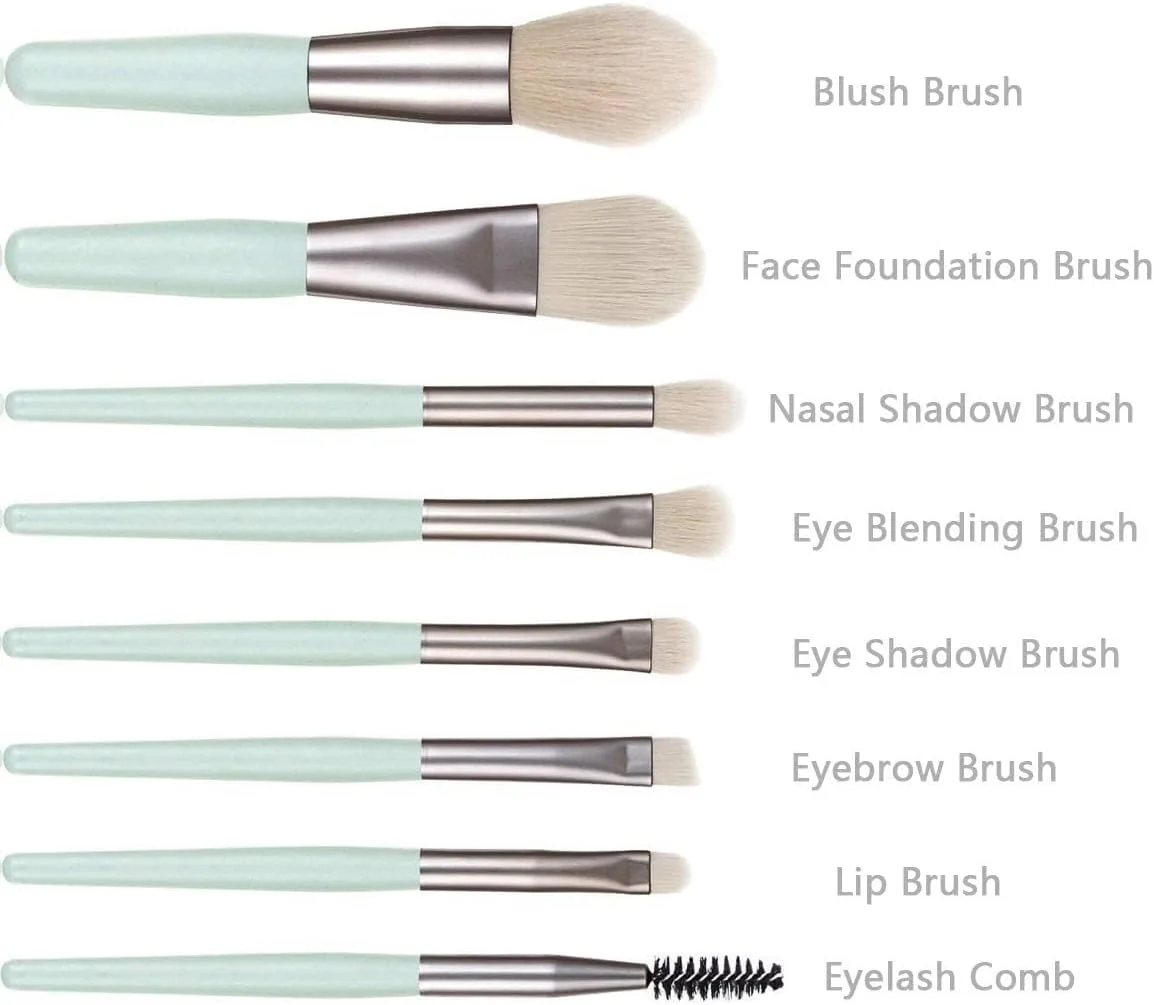 ست برس آرایشی الیت ویو با کیف، 8 تکه برس آرایشی حرفه ای، ست برس های آرایشی مسافرتی برای کرم پودر صورت، رژگونه، سایه چشم، دسته چوبی با موهای مصنوعی (چند رنگ)