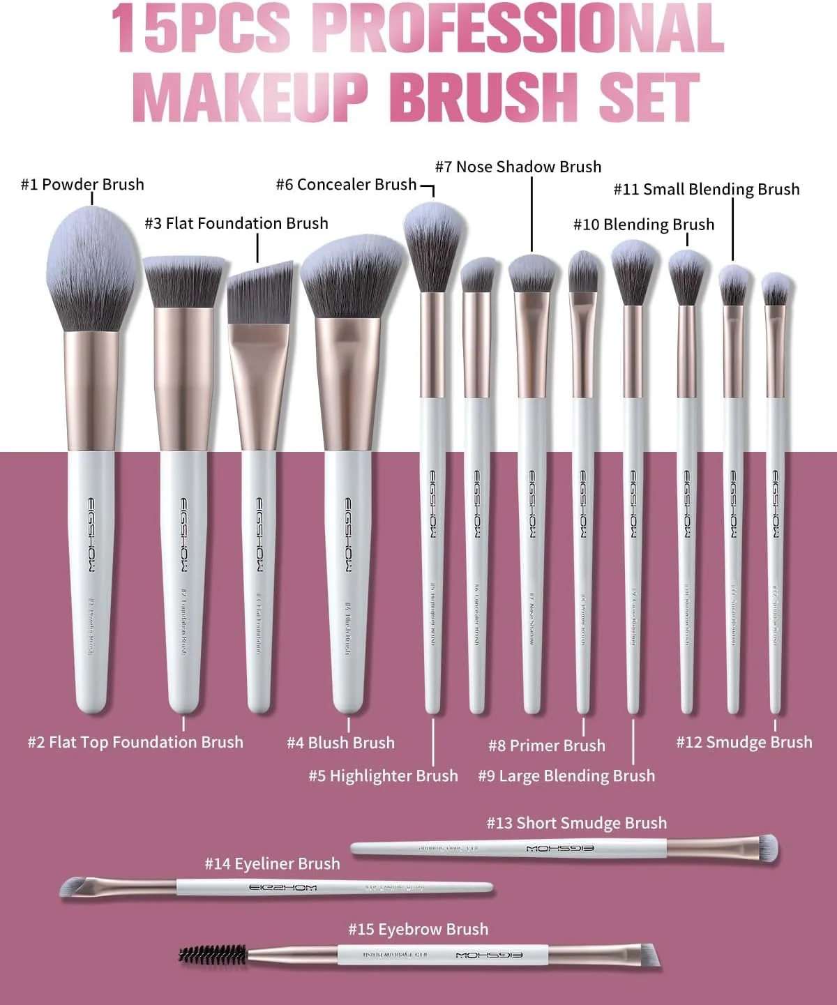 ست برس آرایشی EIGSHOW، 15 عدد برس آرایش حرفه ای با موهای یون نقره برای کرم پودر، رژگونه، هایلایتر، کانسیلر، سایه چشم، خط چشم، ست هدیه مسافرتی (طلایی شامپاین)